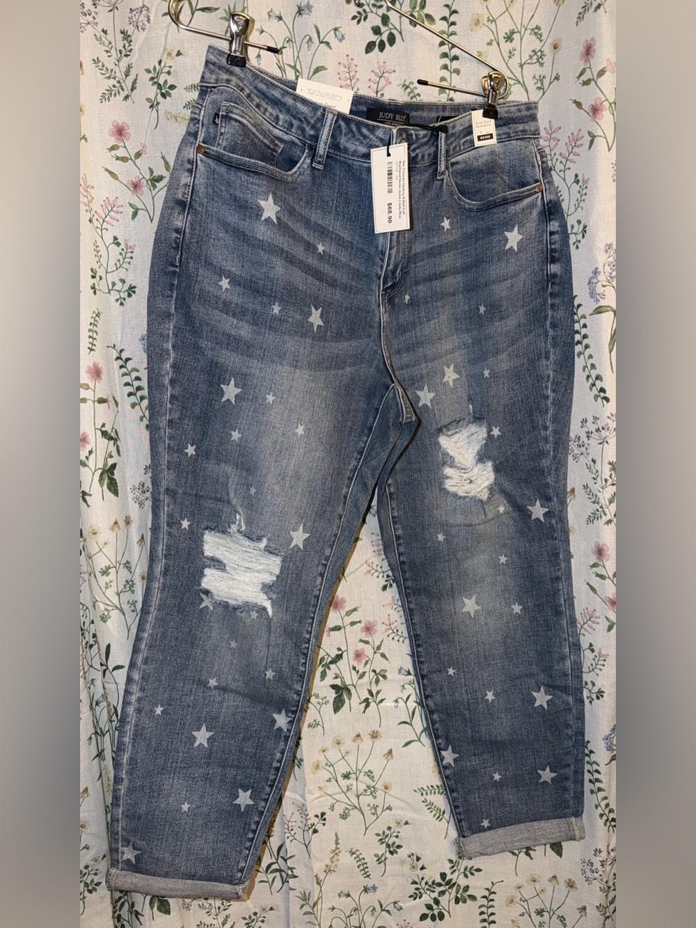 Judy Blue Gray-Blue Star Print Distressed Skinny Jeans